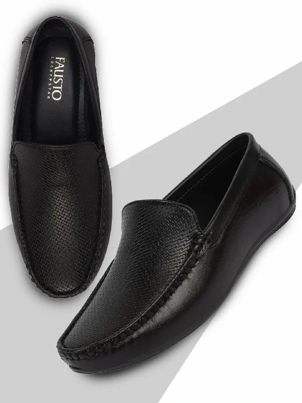 Men's loafers with a moc - toe designBasics Men Black Textured Print Side Stitched Casual Slip On Loafers and Moccasin Shoes