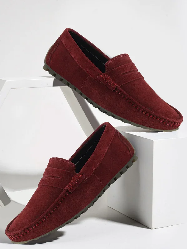 Leather men's casual shoes with a scuffed finishMen Cherry Suede Leather Side Stitched Slip On Driving Loafers and Mocassin