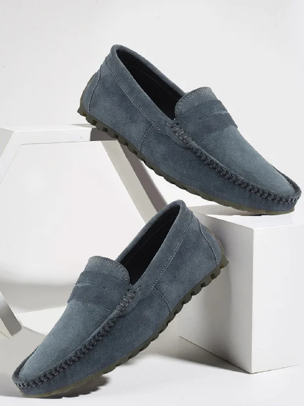 Breathable men's casual shoes for warm weatherMen Grey Suede Leather Side Stitched Slip On Driving Loafers and Mocassin