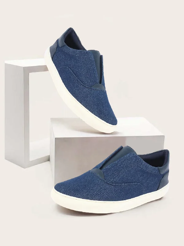 Men's casual shoes with a thick sole for added heightMen Navy Blue Classic Upper Denim Comfort No Touch Slip On Canvas Sneakers Shoes