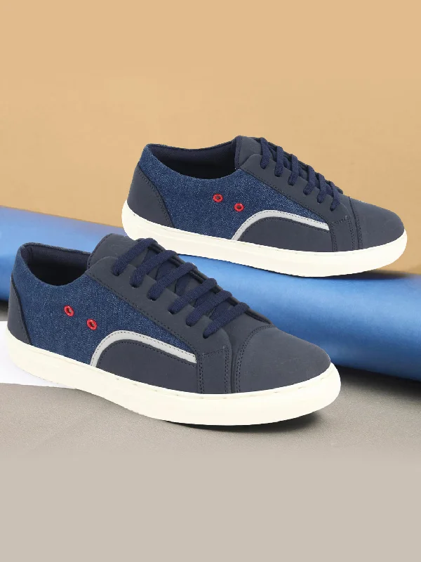 Men's casual shoes with a floral print for a unique styleMen Navy Blue Colorblocked Upper Denim Strip Design Comfort Lace Up Canvas Sneakers Shoes