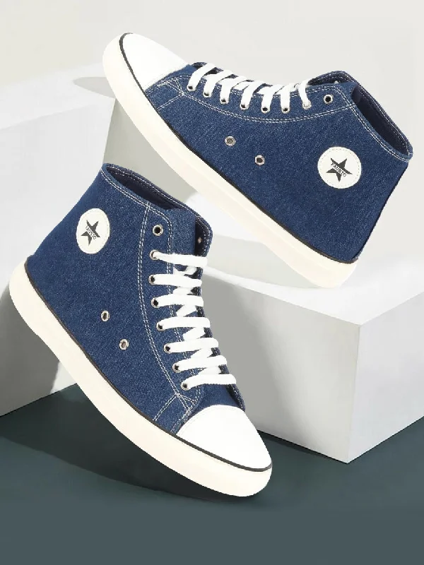 Men's casual shoes with a low - profile designMen Navy Blue Mid Top Star Toe Cap Upper Denim 8-Eye Lace Up Canvas Sneakers Shoes