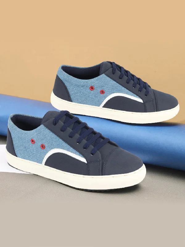 Men's casual shoes with a metallic trimMen Sky Blue Colorblocked Upper Denim Strip Design Comfort Lace Up Canvas Sneakers Shoes