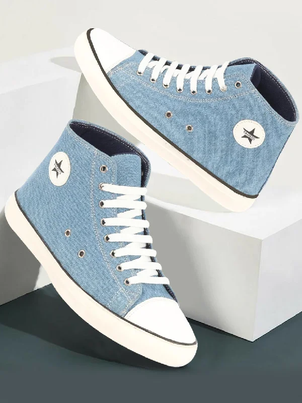 Men's casual shoes with a geometric patternMen Sky Blue Mid Top Star Toe Cap Upper Denim 8-Eye Lace Up Canvas Sneakers Shoes