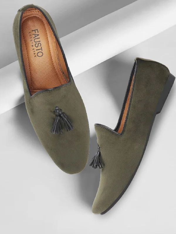 Men's loafers with a tassel front for a classic lookMen Olive Green Velvet Party Loafers Slip On Casual Shoes