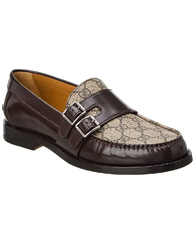 Men's loafers with a low - heeled designGucci GG Buckle GG Supreme Canvas & Leather Loafer