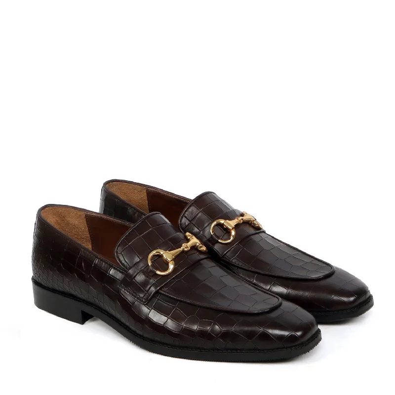 Suede men's loafers for a soft and luxurious feelHorse-bit Buckled Slip-On Shoes in Dark Brown Deep Cut Leather Loafer