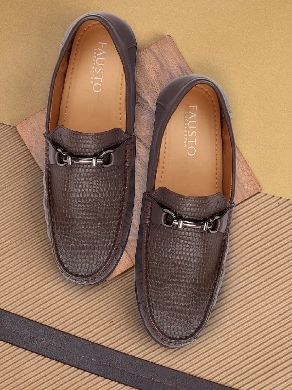 Men's loafers with a moc - toe designMen Brown Horsebit Buckle Embossed Casual/Dress Loafer Shoes