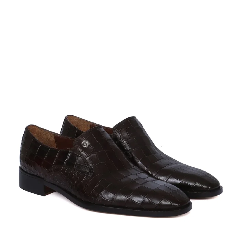 Men's loafers with a contrast stitching detailMen Italian Loafer with Dark Brown Deep Cut Croco Textured Leather