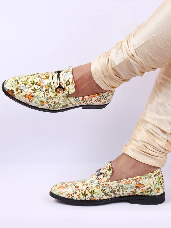 Slip - on men's loafers for easy wearMen Olive Floral Print Horsebit Buckle Weekend Wedding Evening Party Shoes Loafers