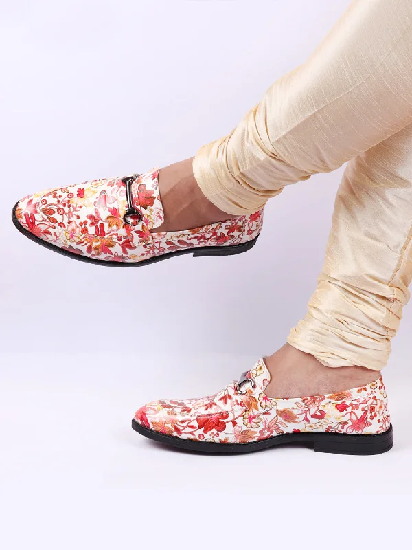 Men's loafers with a low - heeled designMen Red Floral Print Horsebit Buckle Weekend Wedding Evening Party Shoes Loafers