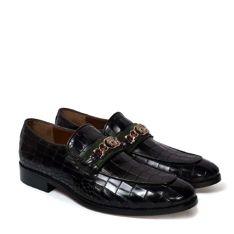 Men's loafers with a flexible sole for easy movementCroco Textured Black Loafer with Raised Metal Lion Chain Embellishment