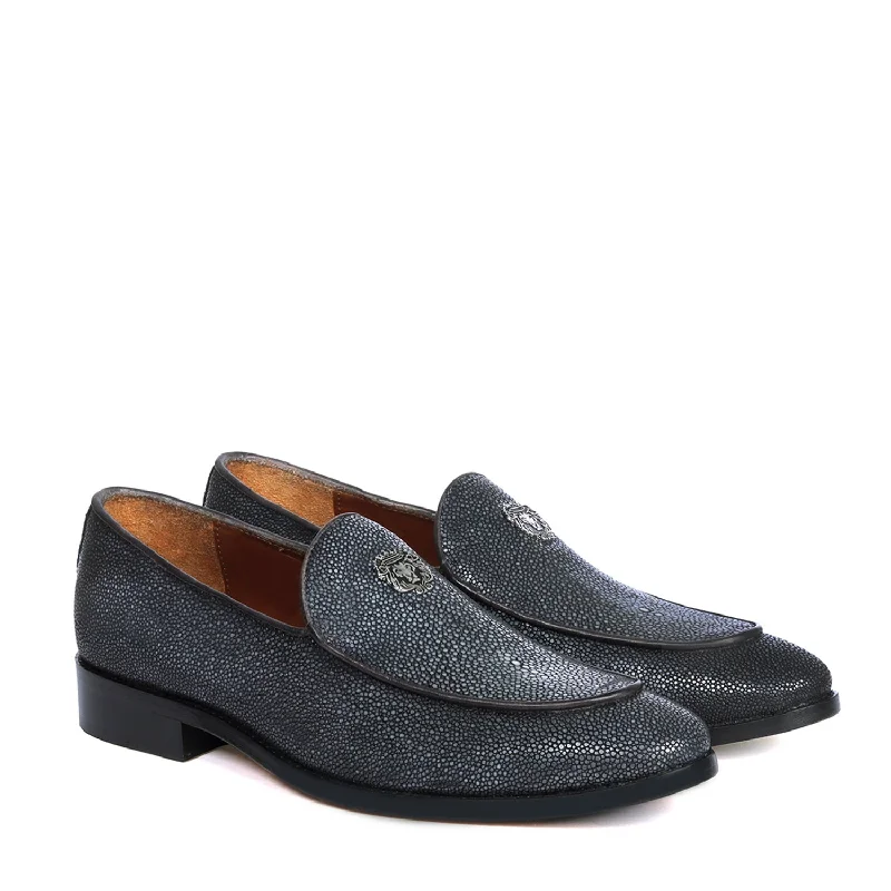 Men's loafers with a rubber sole for durabilitySleek Round Toe Penny Loafer in Premium Stingray Fish Grey Leather Slip-On