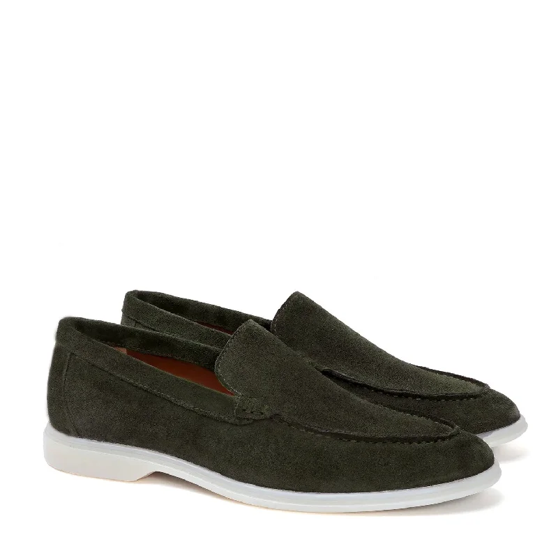 Men's loafers with a moc - toe designLazy Men Yacht Shoes in Olive Green Suede Leather