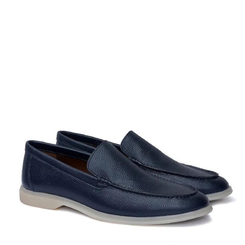 Slip - on men's loafers for easy wearTextured Leather Yacht Slip-On Shoes in Navy Blue Color