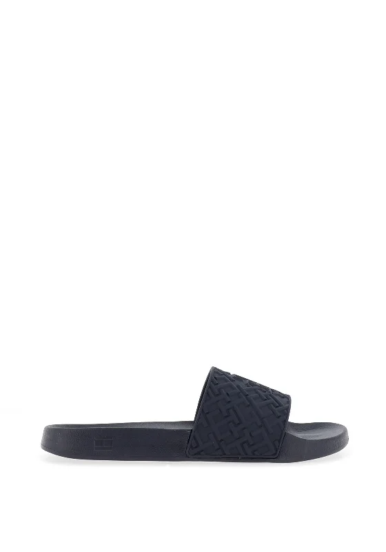 Men's casual shoes with a thick sole for added heightTommy Hilfiger Embossed Logo Sliders, Navy