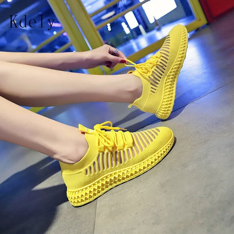 Men's sneakers with a wide toe box for comfortFashion Spring Summer Yellow Knitted Breathable Casual Shoes Women Sneakers Korean Sports Leisure Shoes Women Vulcanize Shoes