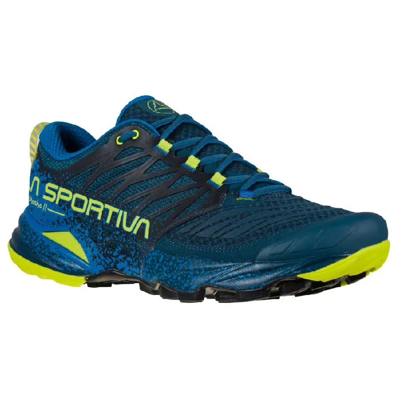 Men's running shoes with a brightly colored designLa Sportiva Akasha II Mens Trail Running Shoe - Storm Blue/Lime Punch