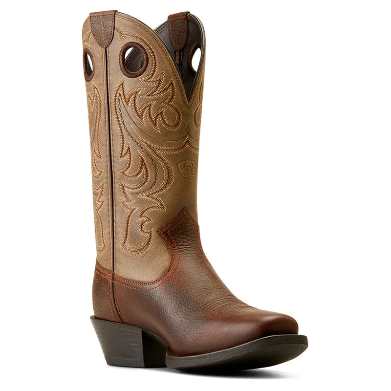 Men's cowboy boots with a concho belt detailAriat Men's Sport Brown Oiled Rowdy Square Toe Cowboy Boots 10050992