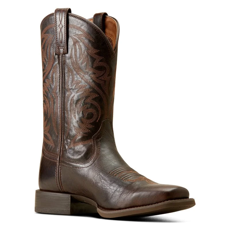 Men's cowboy boots with a rubber sole for tractionAriat Men's Sport Herdsman Burnished Chocolate Square Toe Cowboy Boots 10050990