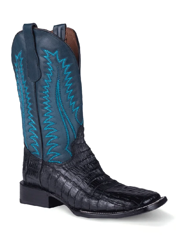 Men's cowboy boots with a concho belt detailCircle G L6052 Mens Caiman Embroidery Wide Square Toe Boot Blue And Charcoal Gray