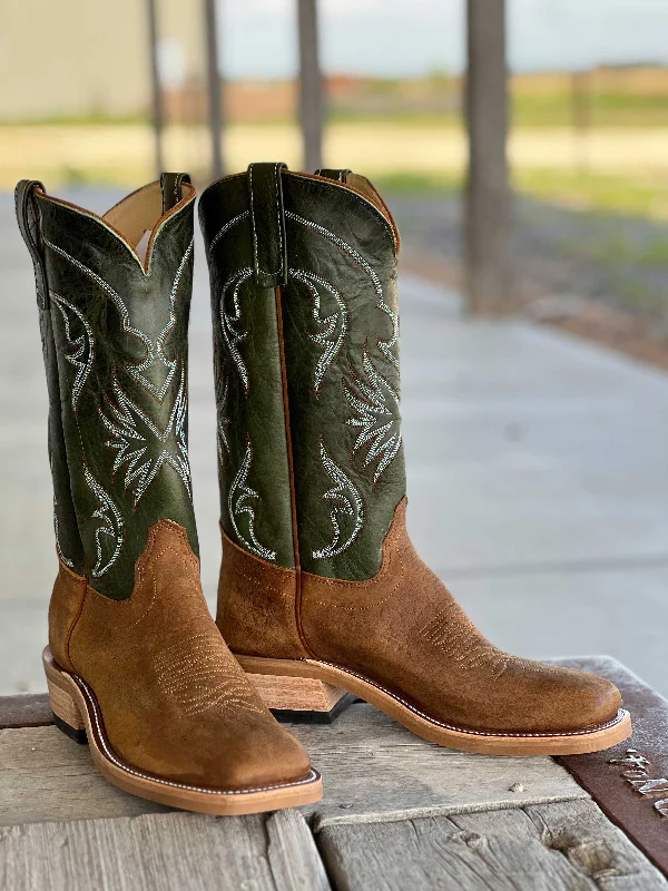 Men's cowboy boots with a decorative inlayOlathe Boot Co. | Natural Brahma Bison/Jade Navajo Boot