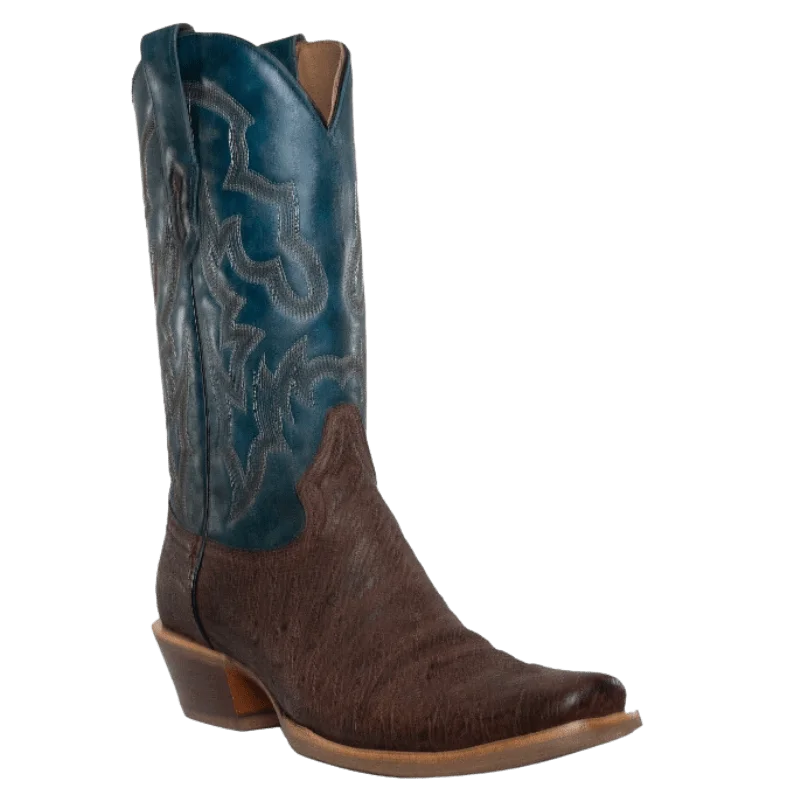 Men's cowboy boots with a heel guardCorral Men's Brown/Navy Blue Ostrich Embroidery Horseman Toe Western Boots A4402