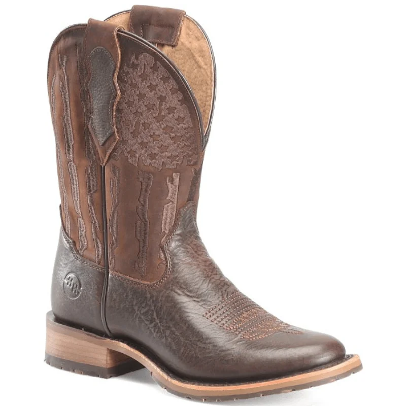 Men's cowboy boots with a distressed leather finishDouble H Men's Beryl Dark Brown Roper Toe Western Boots DH7032