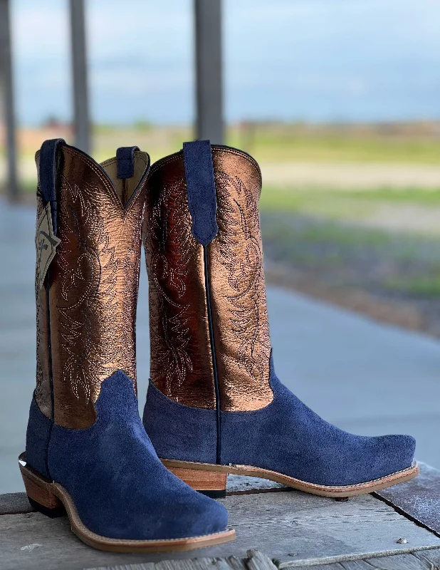 Men's cowboy boots with a rubber sole for tractionFenoglio Boot Co. | Navy Roughout w/ Bronze Boot