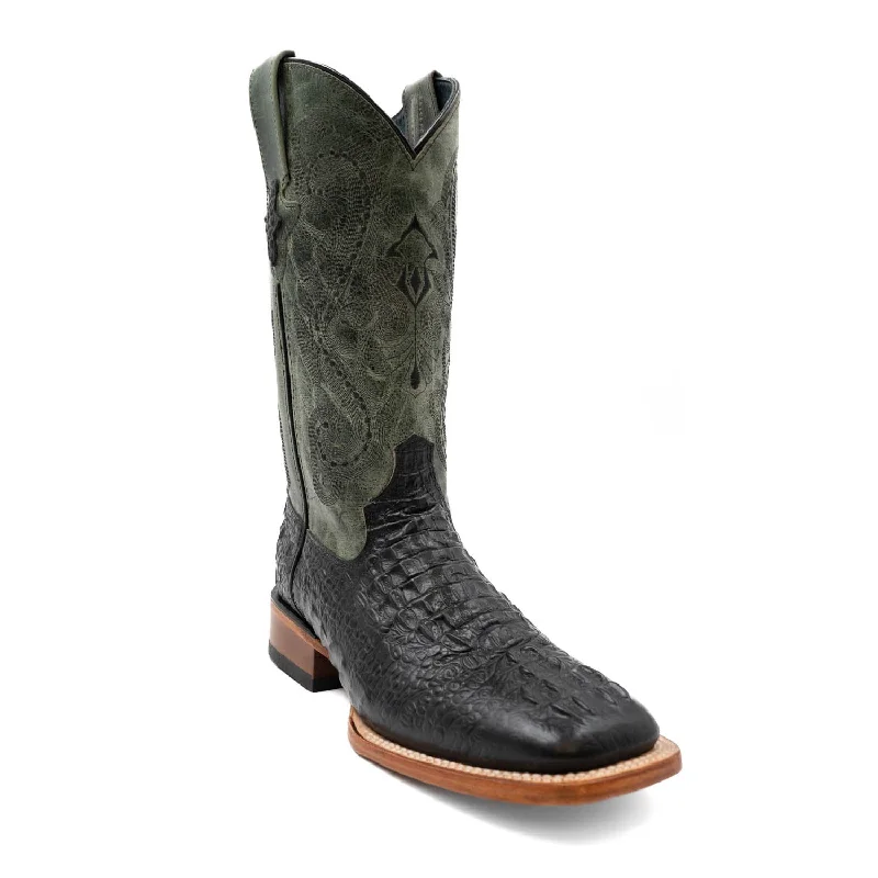 Vintage - style men's cowboy boots with a square toeFerrini Mens Black Leather Caiman Print S-Toe Stampede Cowboy Boots