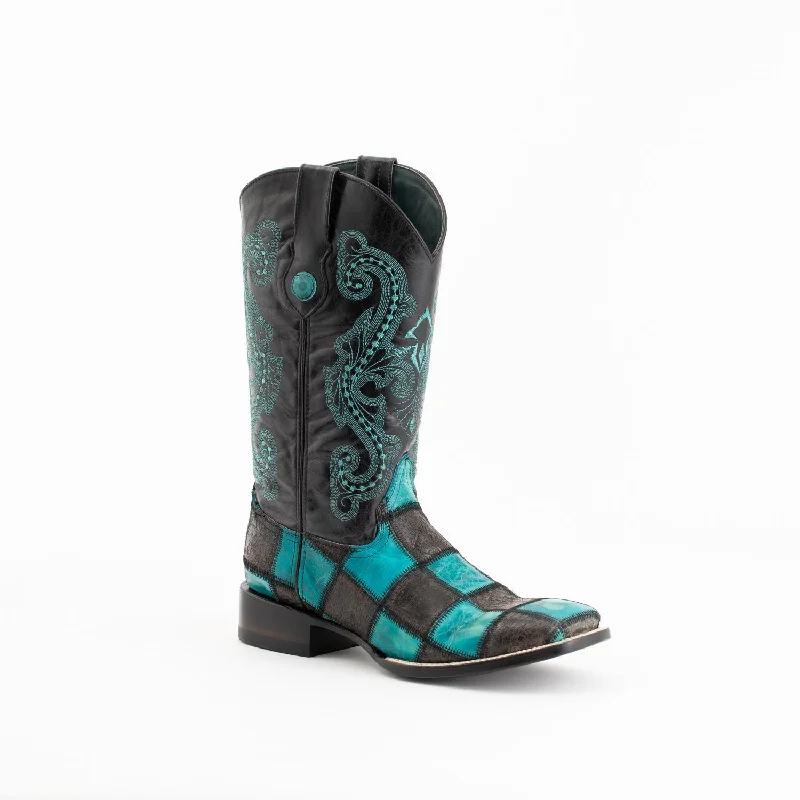 Vintage - style men's cowboy boots with a square toeFerrini Mens Black/Turquoise Leather Patchwork S-Toe Cowboy Boots