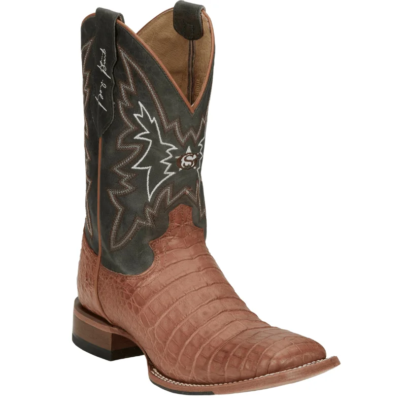 Men's cowboy boots with a leather sole for a classic lookJustin Men's George Strait Haggard Tan Caiman Square Toe Exotic Western Boots GR5706