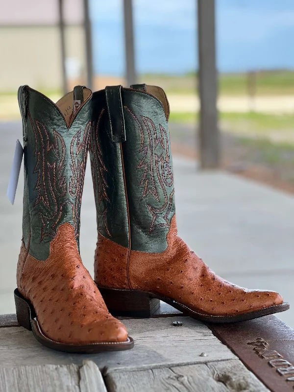 Western - style men's cowboy boots with intricate stitchingOlathe Boot Co. | Brandy Mad Dog Full Quill Ostrich Boot