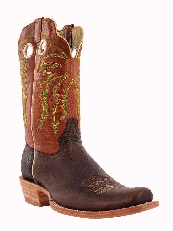 Men's genuine leather cowboy boots with a pointed toeR.Watson RW8023-1 Mens Cowhide Medium Square Western Boot Hickory Brown