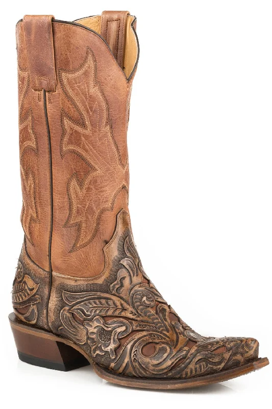 Men's cowboy boots with a concho belt detailStetson Mens Brown Leather Hand Tooled Wicks Cowboy Boots