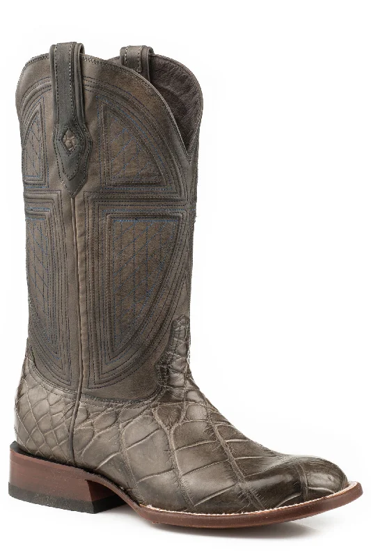 Men's cowboy boots with a rubber sole for tractionStetson Mens Grey Alligator 13In Grator Cowboy Boots