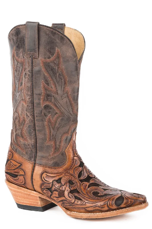 Men's cowboy boots with a snake - skin textureStetson Tooled Mens Brown Leather Wicks Cowboy Boots