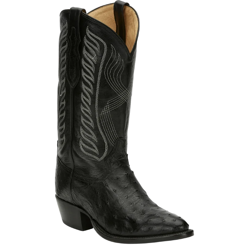 Men's cowboy boots with a leather lining for comfortTony Lama Men's Mccandles Black Full Quill Ostrich Round Toe Exotic Western Boots 8255