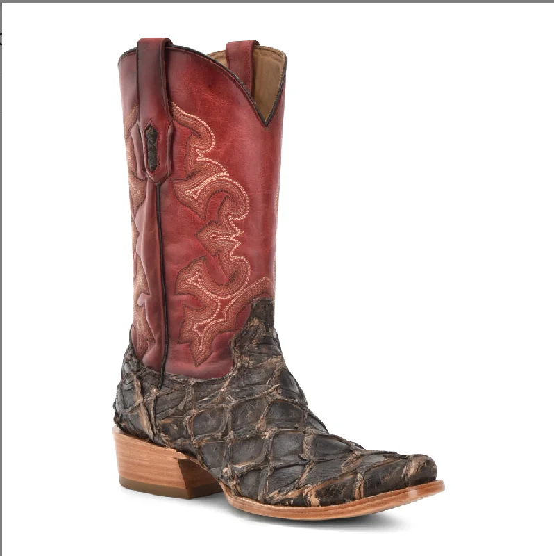 Men's western boots with a leather - wrapped heel and a smooth finishCorral Men's Brown Pirarucu Fish & Red Embroidery Horseman Toe Western Boot