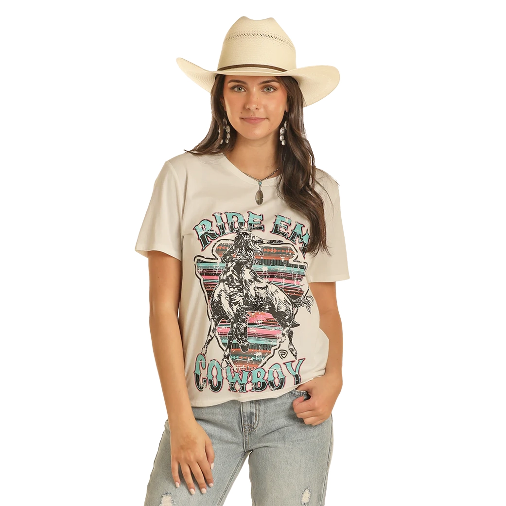 Men's western boots with a tooled leather design on the shaftRock & Roll Women's Ride Em Cowboy Graphic Tee